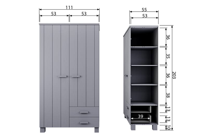 Tenney Garderobe med 2 Skuffer 111 cm - Grå Fyrretræ - Opbevaring - Tøjopbevaring - Garderobeskabe