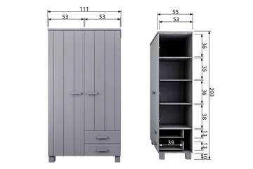 Tenney Garderobe med 2 Skuffer 111 cm - Grå Fyrretræ - Opbevaring - Tøjopbevaring - Garderobeskabe