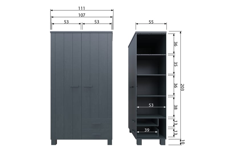 Tenney Garderobe med 2 Skuffer 111 cm - Stålgrå Fyrretræ - Garderobeskabe - Garderobe børn - Garderobeskab & klædeskab