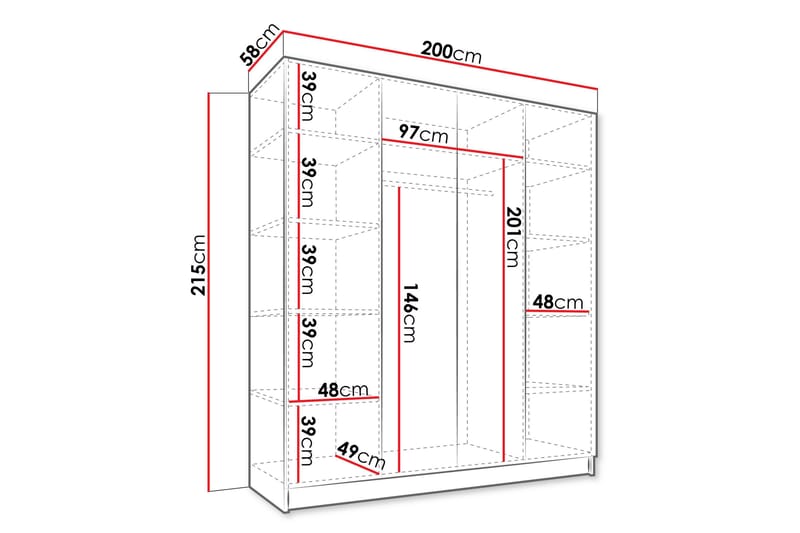 Vadstena Garderobe 200 cm - Hvid/Sort - Opbevaring - Tøjopbevaring - Garderobeskabe