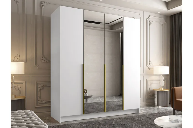 Vadstena Garderobe med Spejl 200 cm - Hvid/Guld - Opbevaring - Tøjopbevaring - Garderobeskabe