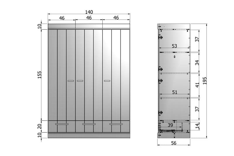 Varius Garderobe 140 cm 3 Låger 3 Skuffer - Hvid Fyrretræ - Garderobeskabe - Garderobeskab & klædeskab