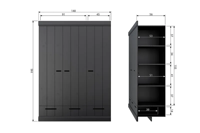 Varius Garderobe 140x53 cm 3 Døre - Fyrretræ/Sort - Opbevaring - Tøjopbevaring - Garderobeskabe