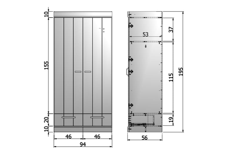 Varius Garderobe 195 cm 2 Låger 2 Skuffer - Hvid Fyrretræ - Opbevaring - Tøjopbevaring - Garderobeskabe