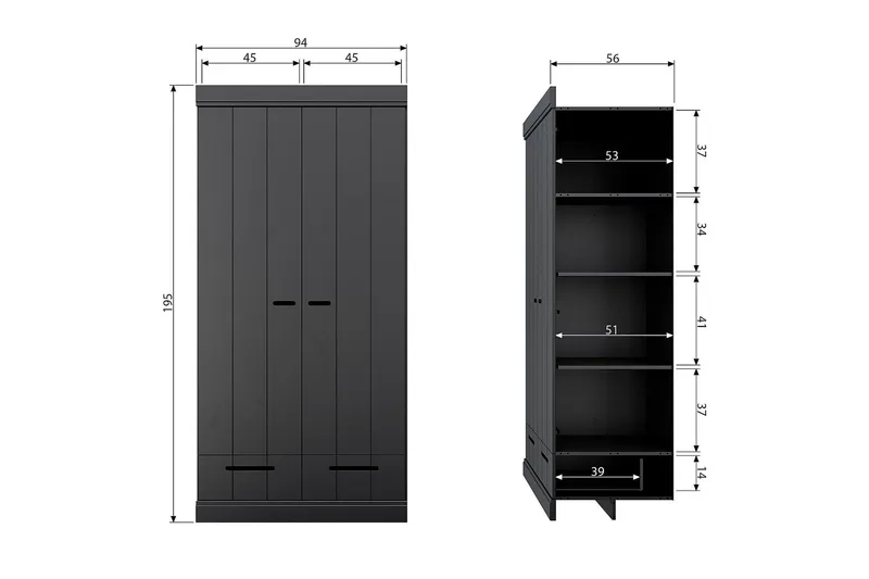 Varius Garderobe 94x53 cm 2 Døre - Fyrretræ/Sort - Opbevaring - Tøjopbevaring - Garderobeskabe