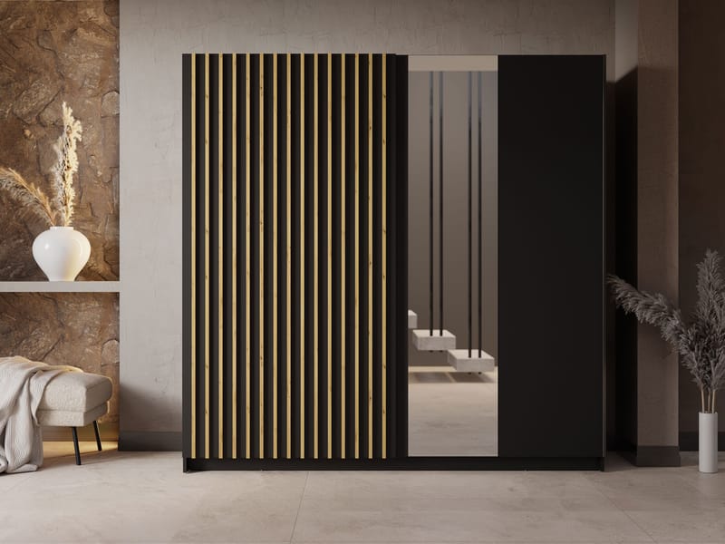 Veylan Garderobeskab med spejl 201x199 cm - sort - Opbevaring - Tøjopbevaring - Garderobeskabe