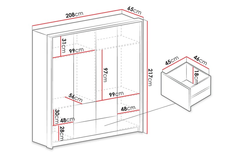 Wedena Garderobe 208 cm - Grå - Opbevaring - Tøjopbevaring - Garderobeskabe