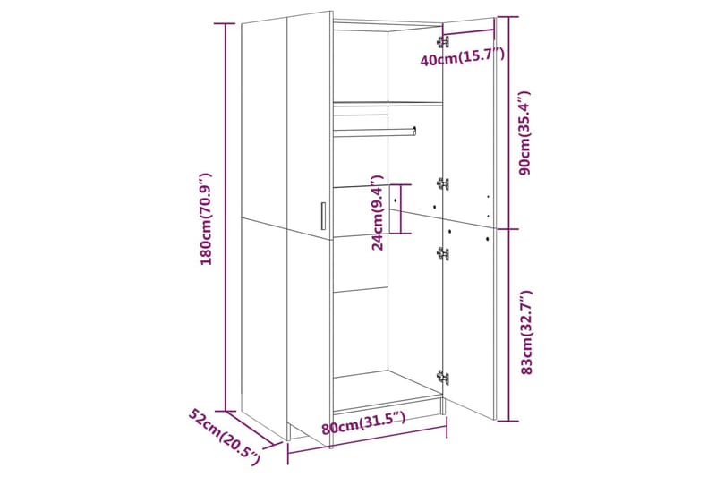 beBasic garderobeskab 80x52x180 cm konstrueret træ grå sonoma-eg - GrÃ¥ - Opbevaring - Tøjopbevaring - Knagerækker