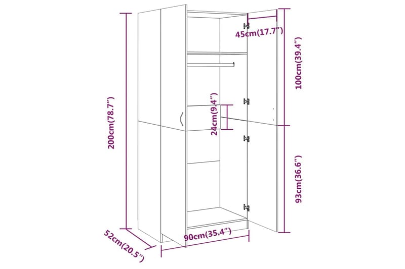 beBasic garderobeskab 90x52x200 cm konstrueret træ grå sonoma-eg - GrÃ¥ - Opbevaring - Tøjopbevaring - Knagerækker