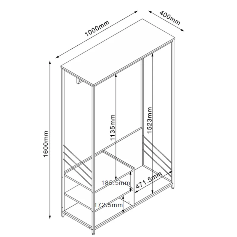 Entréreol HOME4YOU Dimitra 100x40x160 cm rustik/sort - lys rustikt træ/sort - Opbevaring - Tøjopbevaring - Knagerækker - Tøjstativ