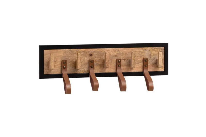 Garderobe Wohnling Væghængt knagerække mangotræ massivtræ 5 massivtræs kroge 4 ægte lædersløjfer, undefined