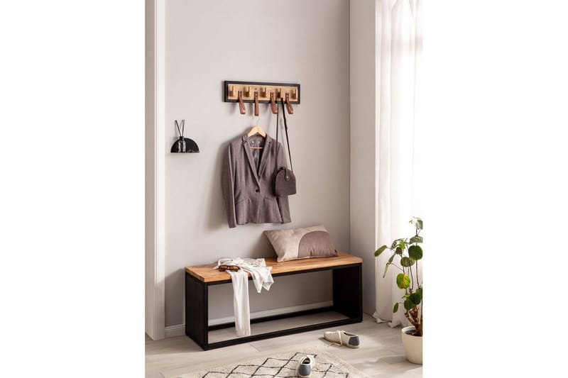 Garderobe Wohnling Væghængt knagerække mangotræ massivtræ 5 massivtræs kroge 4 ægte lædersløjfer - Opbevaring - Tøjopbevaring - Knagerækker - Knager