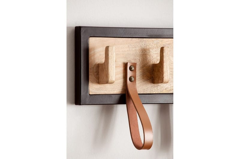 Garderobe Wohnling Væghængt knagerække mangotræ massivtræ 5 massivtræs kroge 4 ægte lædersløjfer - Opbevaring - Tøjopbevaring - Knagerækker - Knager