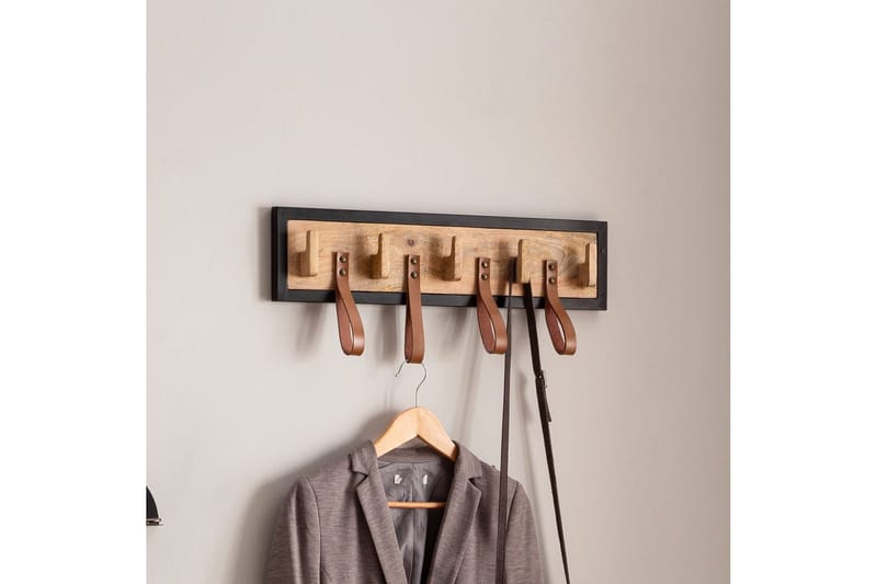 Garderobe Wohnling Væghængt knagerække mangotræ massivtræ 5 massivtræs kroge 4 ægte lædersløjfer - Opbevaring - Tøjopbevaring - Knagerækker - Knager