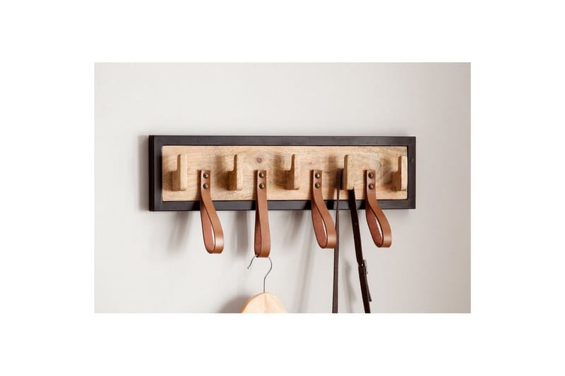 Garderobe Wohnling Væghængt knagerække mangotræ massivtræ 5 massivtræs kroge 4 ægte lædersløjfer - Opbevaring - Tøjopbevaring - Knagerækker - Knager