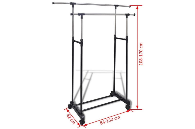 Justérbart Tøjstativ 4 Hjul 2 Bøjlestænger - Sort - Knage - Knagerækker - Knager