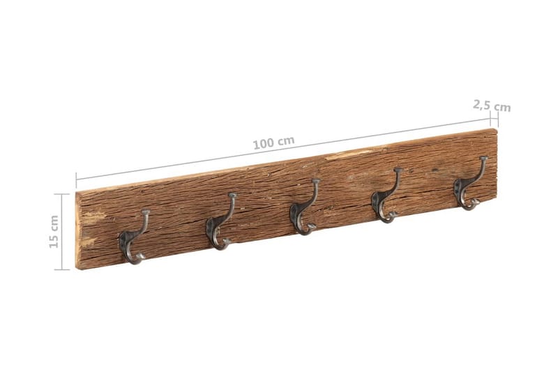 Knagerække Med 5 Knager 100x2,5x15 cm massivt Genbrugstræ - Brun - Opbevaring - Tøjopbevaring - Knagerækker - Knage