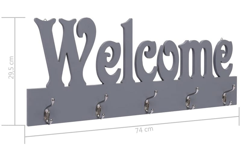 vægophængt knagerække WELCOME 74 x 29,5 cm grå - Opbevaring - Tøjopbevaring - Knagerækker - Knage