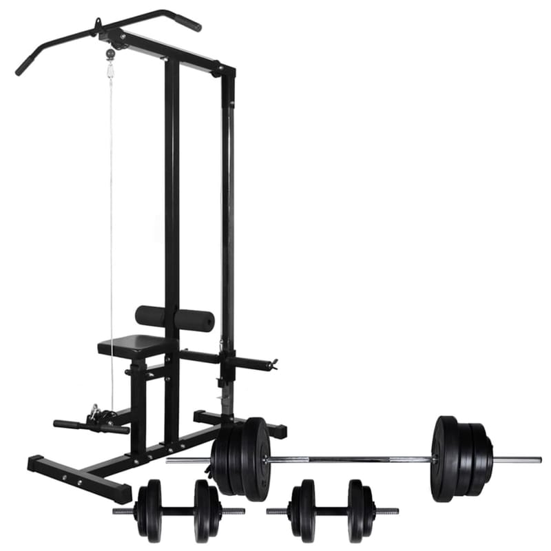 Styrketårn Med Vægtstang- Og Håndvægtsæt 60,5 Kg - Sort - Crossfit udstyr - Power rack & power tower - Multi træningsmaskine