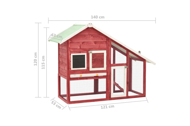 Kaninbur 140x63x120 cm massivt fyrretræ rød og hvid - Rød - Sport & fritid - Til dyrene - Smådyr - Bure smådyr - Kaninbur & kaninhus