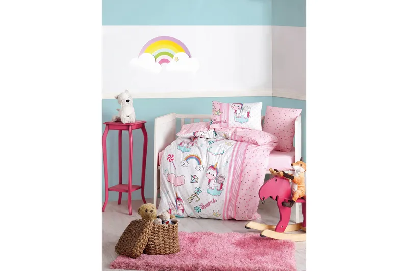 Cotton Box Sengesæt Baby 4-delt Ranforce, Lyserød/Hvid/Turkis