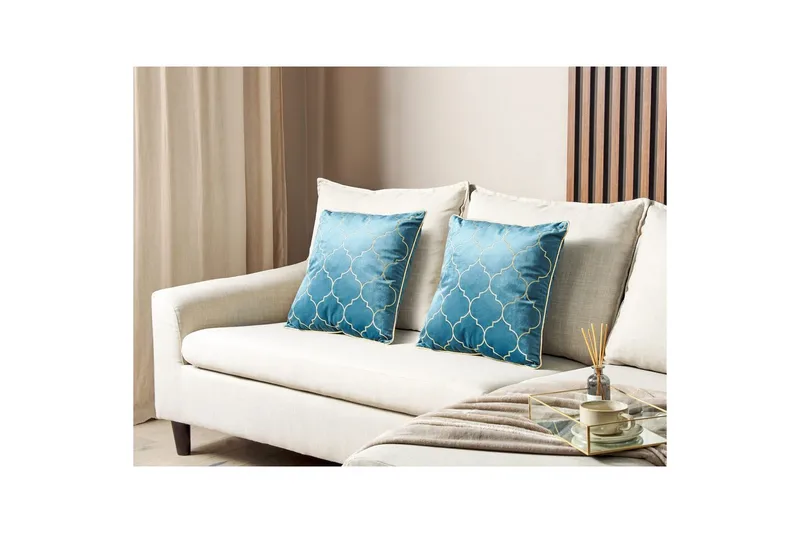 Pyntepuder Alyssum sæt af 2 Blå/guld, Fløjl - Blå/guld, Fløjl - Tekstiler - Pude & plaid - Udendørs puder