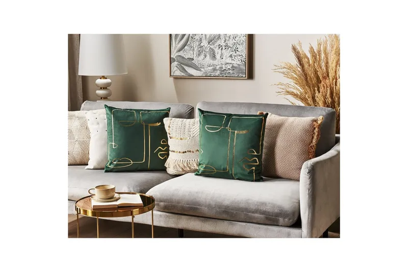 Pyntepuder Philodendron sæt af 2 Grøn/guld - Grøn/guld - Tekstiler - Pude & plaid - Pyntepuder & pudebetræk