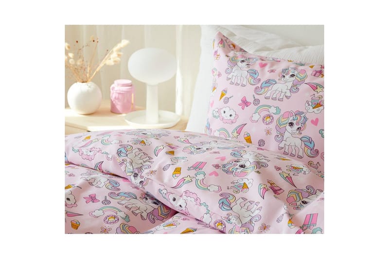Dynebetræk Enkeltseng 2-dels Enhjørning - Rosa - Tekstiler - Børnetekstiler - Sengetøj til børn - Tremmeseng sengetøj - Lagen tremmeseng