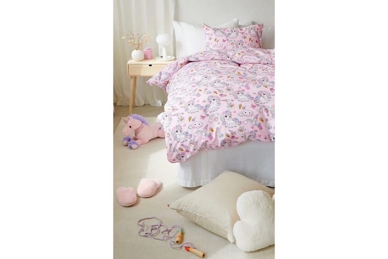 Dynebetræk Enkeltseng 2-dels Enhjørning - Rosa - Tekstiler - Børnetekstiler - Sengetøj til børn - Tremmeseng sengetøj - Lagen tremmeseng