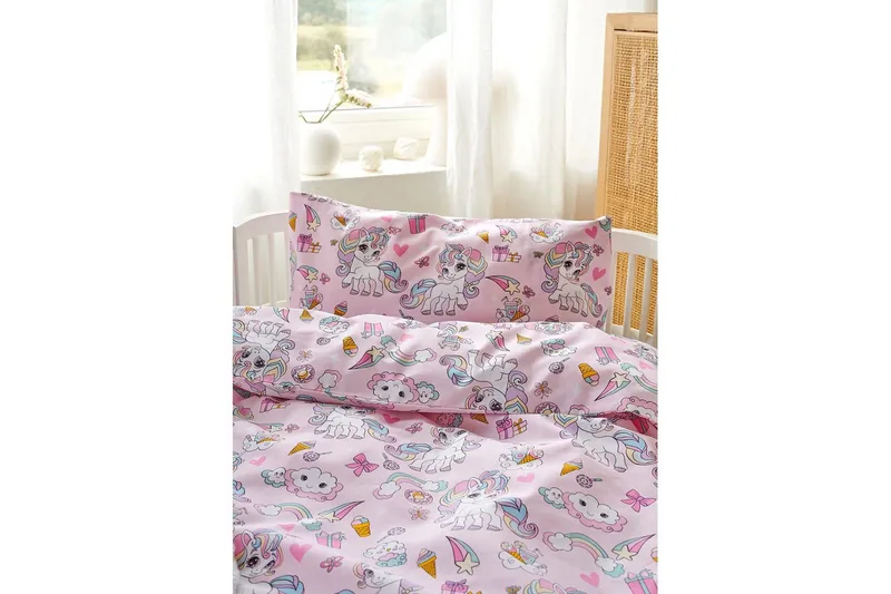 Dynebetræk til tremmeseng 2-dels Enhjørning Rosa - Tekstiler - Sengetøj - Sengesæt & dynesæt