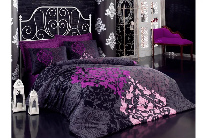 Cotton Box Sengesæt Dobbelt 6-delt Satin, Vinrød/Lilla/Lyserød/Sort