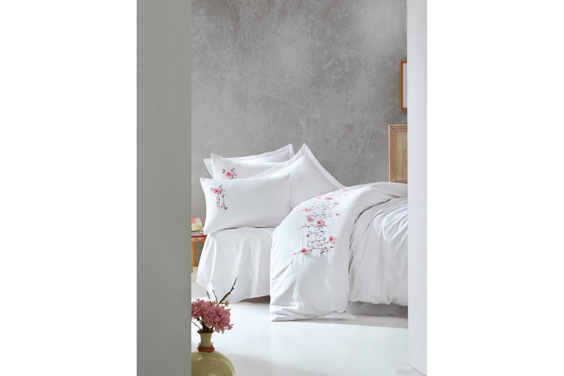 Cotton Box Sengesæt Dobbelt 6-delt Premium Satin - Hvid/Lyserød - Tekstiler - Sengetøj - Sengesæt & dynesæt - Dynesæt dobbeltseng