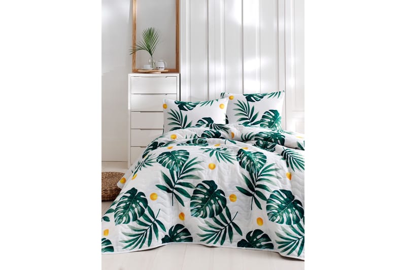 EnLora Home Sengetæppe Dobbelt 200x220+2 Pudebetræk, Hvid/Grøn/Gul