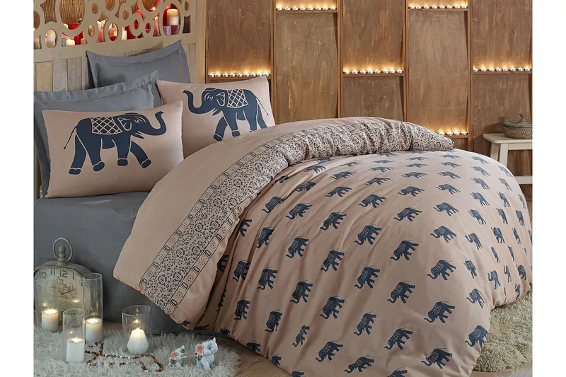 Eponj Home Sengesæt Dobbelt 4-delt, Blå/Lysebrun