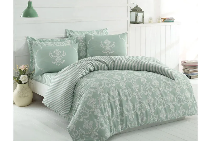 Eponj Home Sengesæt Dobbelt 4-delt, Grøn/Hvid