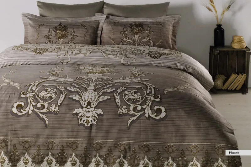 Primacasa by Türkiz Sengesæt Dobbelt 6-delt Satin, Brun/Hvid/Beige