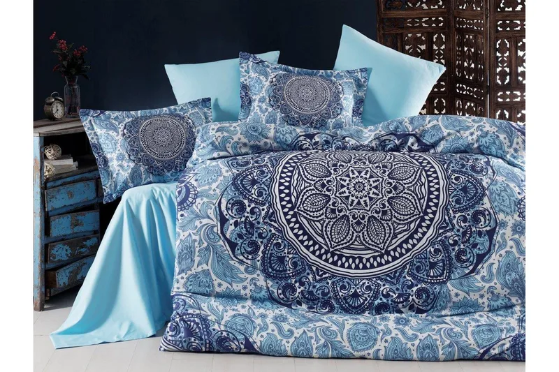 Primacasa by Türkiz Sengesæt Dobbelt 6-delt Satin, Mørkeblå/Hvid/Blå