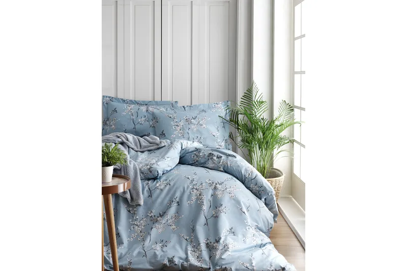 Türkiz Sengesæt Dobbelt 4-delt Ranforce, Blå/Hvid