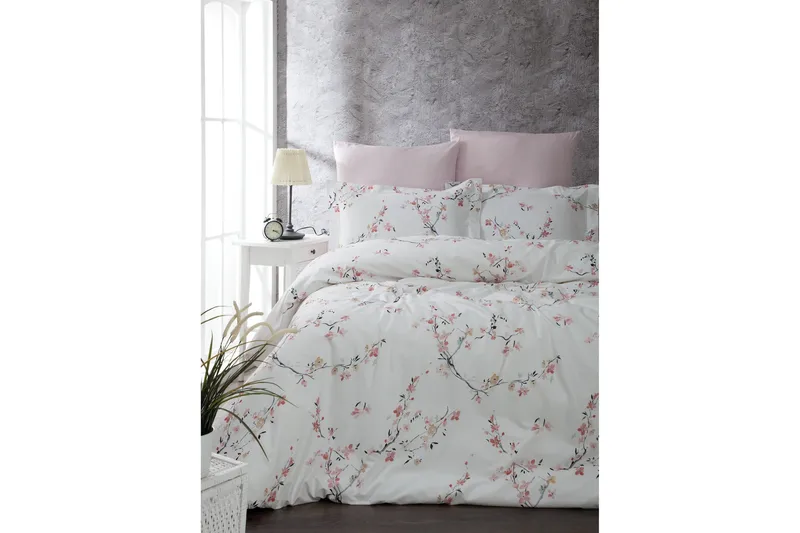 Türkiz Sengesæt Dobbelt 4-delt Ranforce, Hvid/Lyserød