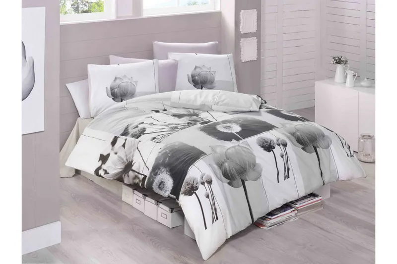 Victoria Sengesæt Dobbelt 4-delt Ranforce, Hvid/Grå/Sort