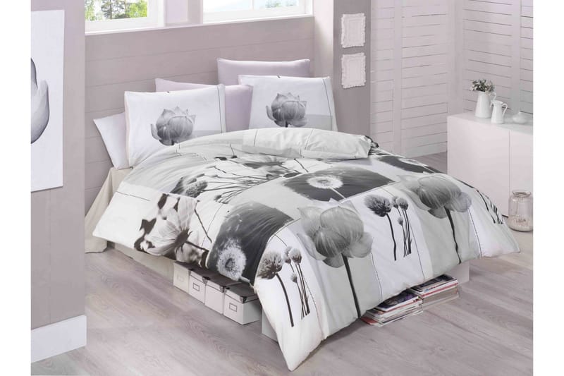 Victoria Sengesæt Dobbelt 4-delt Ranforce, Hvid/Grå/Sort