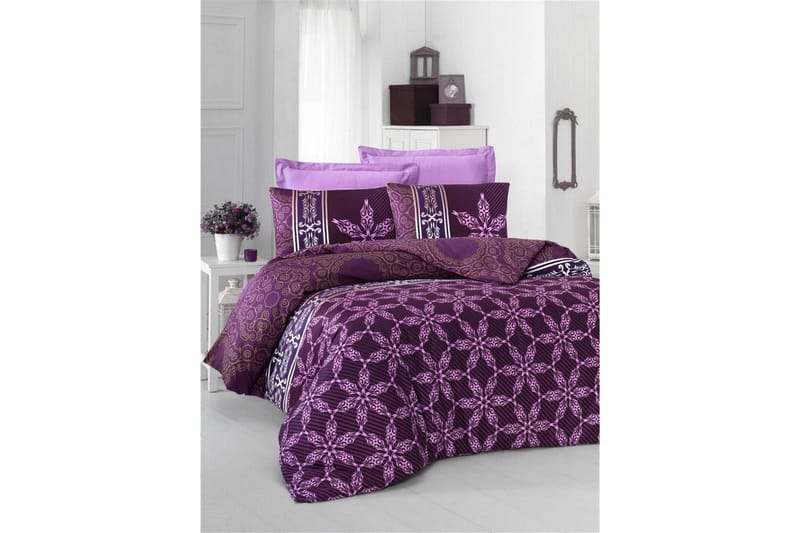 Victoria Sengesæt Dobbelt 6-delt Satin, Lilla/Hvid