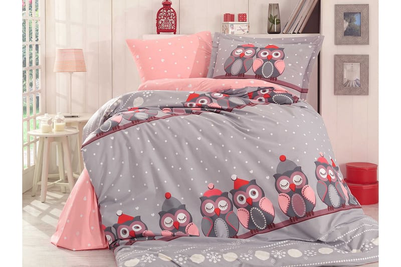 Hobby Sengesæt Enkelt 3-delt Poplin, Grå/Lyserød/Hvid/Rød