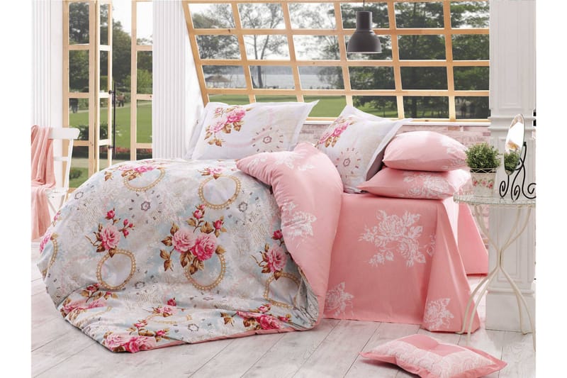 Hobby Sengesæt Enkelt 3-delt Poplin, Lyserød/Sennep/Beige/Blå