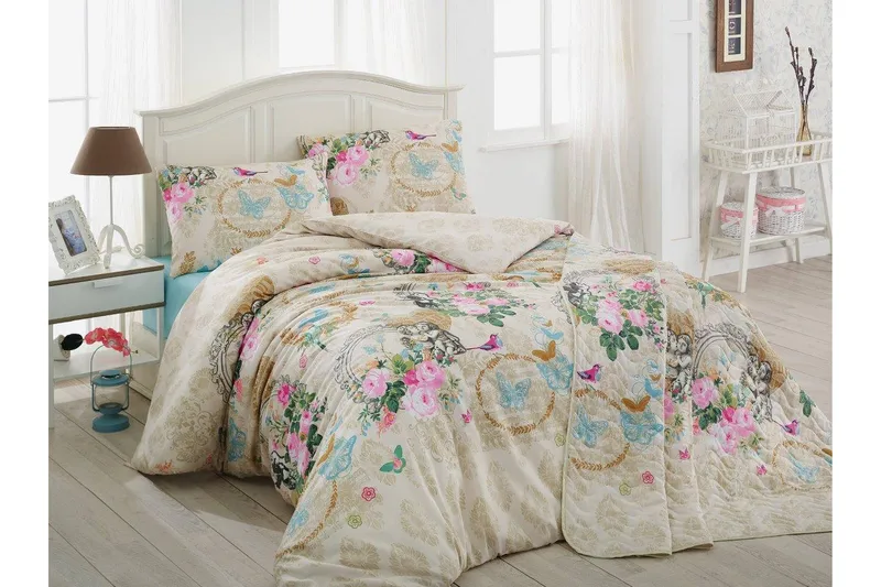 Eponj Home Sengesæt Enkelt 3-delt, Beige/Hvid/Multifarvet