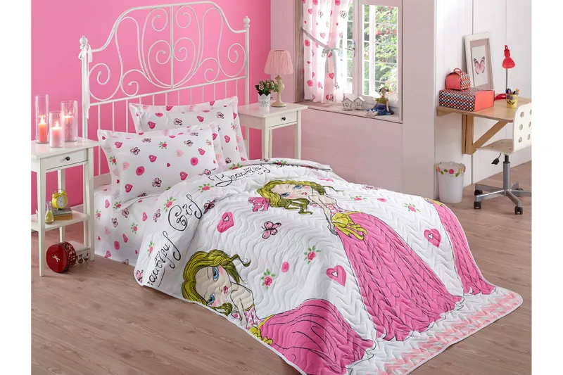 Eponj Home Sengetæppe Enkelt 160x220+Pudebetræk Quiltet, Hvid/Lyserød/Gul