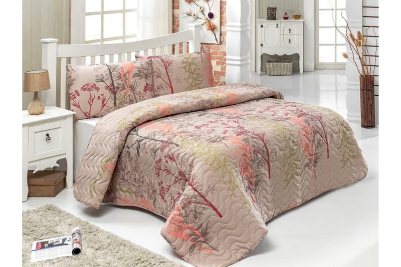 Eponj Home Sengetæppe Enkelt 160x220+Pudebetræk Quiltet, Beige/Rød/Lyserød/Grøn