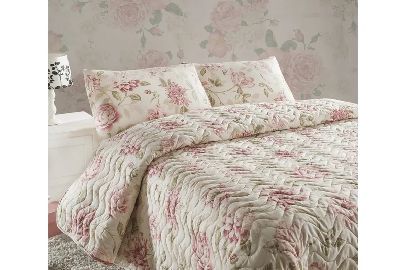 Eponj Home Sengetæppe Enkelt 160x220+Pudebetræk Quiltet, Lyserød/Sand/Beige