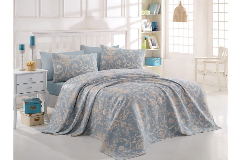 Eponj Home Sengetæppe Enkelt 160x235+Lagen+Pudebetræk Ranfor, Blå/Hvid