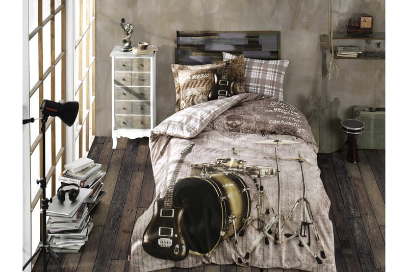 Hobby Sengesæt Enkelt 3-delt Poplin, Hvid/Brun/Sort/Beige